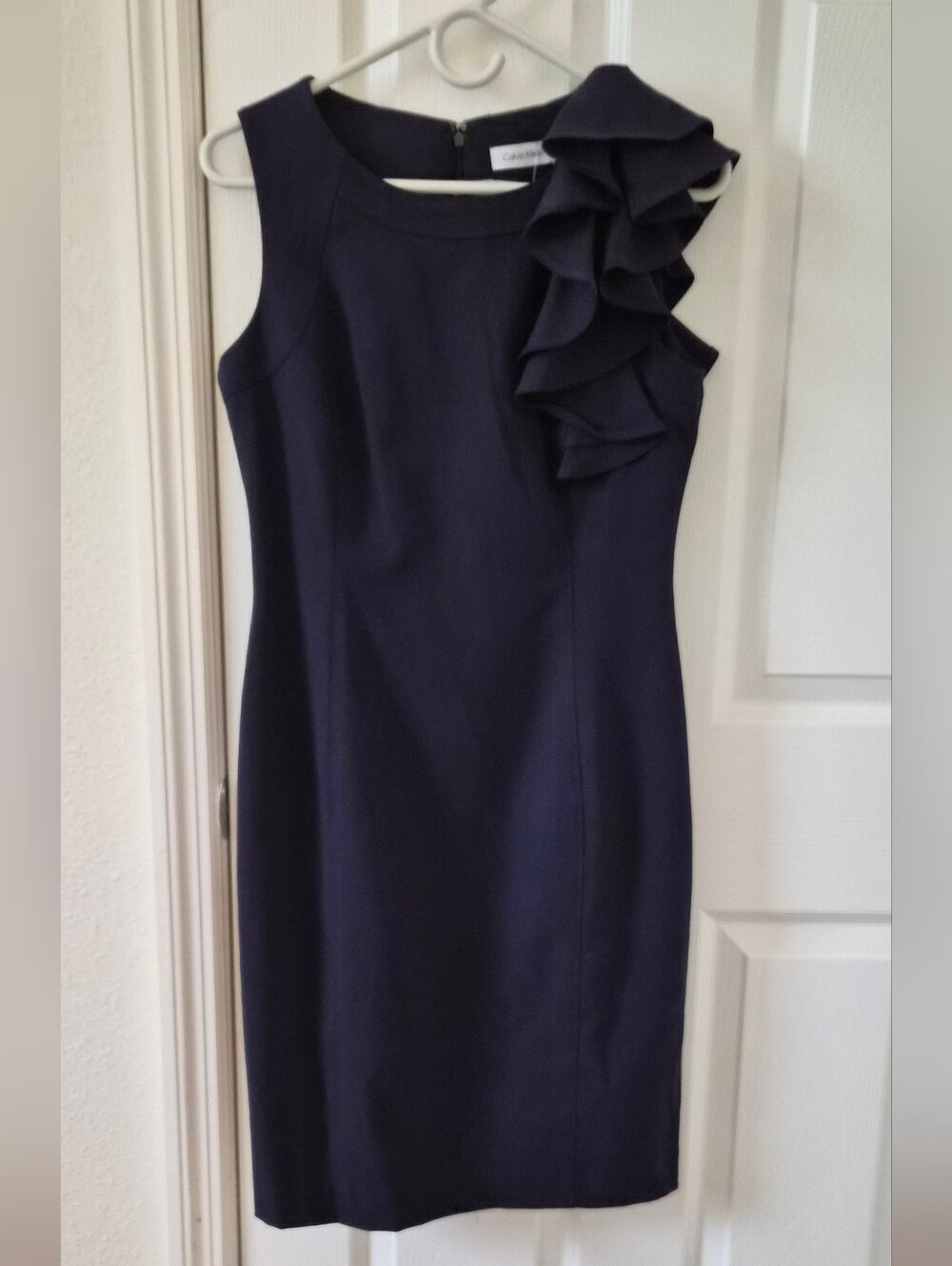 Calvin Klein Navy Ruffle-Accent Midi Sheath Dress